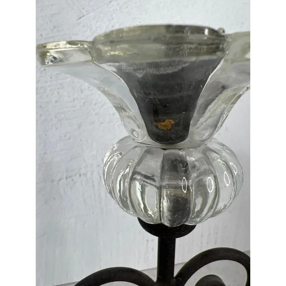 Wrought Iron Scroll‎ Candle Holders Glass Ornate Decorative Pair